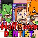 Négy rajzfilmfigura Halloween jelmezekben fogszabályzóval, színes háttérrel