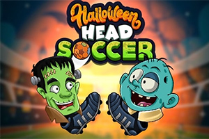 Két rajzfilmszerű zombi karakter, labdarúgó cipőben egy stadion háttérben, Halloween Head Soccer felirattal