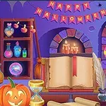Halloween témájú varázsló szoba, nyitott könyvvel, varázsitalos üvegekkel és tökkel