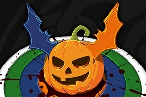 Tökfej Halloween töklámpással és denevérszárnyakkal, színes háttérrel és vérfoltokkal