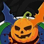 Tökfej Halloween töklámpással és denevérszárnyakkal, színes háttérrel és vérfoltokkal