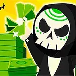 Rajzfilmszerű csontváz figura fekete csuklyában, zöld körökkel a fején, kezében zöld bankjegyeket tart, háttérben pénzkötegek
