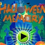 Egy kék színű temetői jelenet Halloween dekorációkkal, mint például töklámpások, sírkövek, boszorkányüst, és középen egy zöld lejátszás gomb