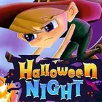 Egy rajzfilmfigura seprűn repül az éjszakai égbolton, tök és Halloween Night felirat előtérben