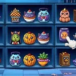 Halloween témájú polc színes játékfigurákkal, például töklámpással és szellemes karakterekkel