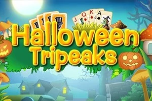 Halloween Trippeaks felirat színes betűkkel, halloween hangulatú tökökkel és kártyalapokkal díszített háttér előtt