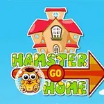 Rajzfilm stílusú ház piros tetővel, alatta Hamster Go Home felirat egy nyíl formájában, egy aranyos hörcsög grafikájával az égen