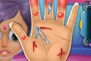 Hand Doctor Egy kéz, amelyen vágások, piros duzzanatok és egy csipesz látható