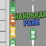 Autó középen zöld, oldalán pedig színes autók sora egy úton, rajta Handbrake Park felirat