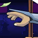 Egy gépies szerkezetben levő kéz próbál elérni egy felé lebegő pénzt egy színpad vagy emelvény előtt