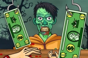 Egy zöld zombifigurát ábrázol, háttérben sötét fák, két kéz tart dollárokat horogról lógva