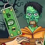 Egy zöld zombifigurát ábrázol, háttérben sötét fák, két kéz tart dollárokat horogról lógva