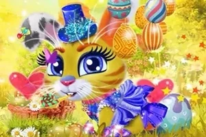 Aranyos, rajzfilmszerű tigris lila ruhában, kék kalapban, húsvéti tojások és színes lufik háttérrel