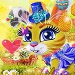 Aranyos, rajzfilmszerű tigris lila ruhában, kék kalapban, húsvéti tojások és színes lufik háttérrel