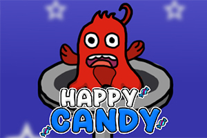 Egy piros, rajzfilmszerű figura egy tölcsérből néz ki, hátterében csillagokkal, és alatta a Happy Candy felirattal
