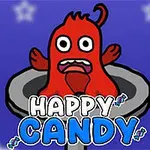 Egy piros, rajzfilmszerű figura egy tölcsérből néz ki, hátterében csillagokkal, és alatta a Happy Candy felirattal