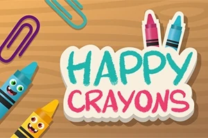 Vidám színes ceruzák illusztráció, rajzfilm stílusban, fa háttérrel és színes gemkapcsokkal, HAPPY CRAYONS felirattal