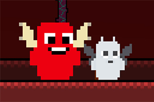 Két pixel art stílusú karakter, egy piros mosolygós lény fülekkel és egy kisebb, szürke figura szárnyakkal, egy sötét háttér előtt