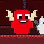 Két pixel art stílusú karakter, egy piros mosolygós lény fülekkel és egy kisebb, szürke figura szárnyakkal, egy sötét háttér előtt