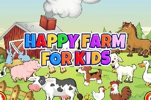 Színes Happy Farm for Kids felirat állatfigurákkal egy farm udvarán, háttérben pajta és füstölgő kémény