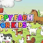 Színes Happy Farm for Kids felirat állatfigurákkal egy farm udvarán, háttérben pajta és füstölgő kémény