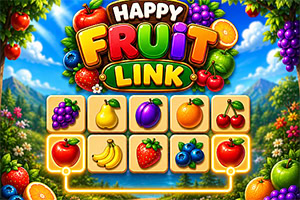 Színes gyümölcsös kirakó képernyő szőlővel, almával, banánnal, eperrel és cseresznyével, „Happy Fruit Link felirattal