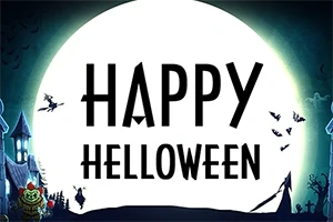 Telihold előtti Happy Helloween felirat, kísérteties tájjal és repülő denevérekkel