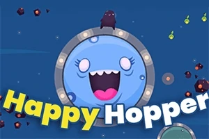 Kék háttér előtt egy mosolygós, kék karakter egy fémkeretben, alatta a Happy Hopper szöveg látható színes betűkkel