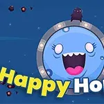 Kék háttér előtt egy mosolygós, kék karakter egy fémkeretben, alatta a Happy Hopper szöveg látható színes betűkkel