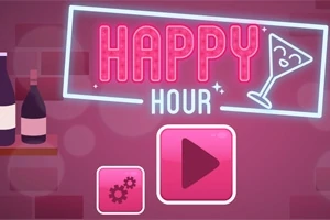 Neonfényű Happy Hour felirat koktélpohárral, mellette beállítás gomb és lejátszás ikon rózsaszín hátteren