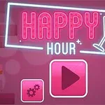 Neonfényű Happy Hour felirat koktélpohárral, mellette beállítás gomb és lejátszás ikon rózsaszín hátteren