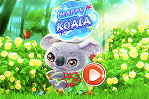 Egy aranyos koala színes virágos mező közepén, körülötte zöldel a növényzet, felette egy „Happy Koala” felirat és egy nagy piros játék gomb látható