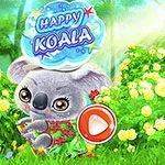 Egy aranyos koala színes virágos mező közepén, körülötte zöldel a növényzet, felette egy „Happy Koala” felirat és egy nagy piros játék gomb látható