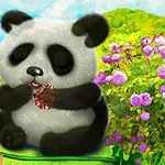 Egy aranyos pandamedve ül virágos kertben, miközben egy piros-fehér édességet tart a mancsában