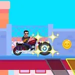 Egy rajzfilmszerű motoros szemüveges férfi motorozik egy platformon, miközben csillogó hatások veszik körül, és egy sárga érme lebeg a közelben