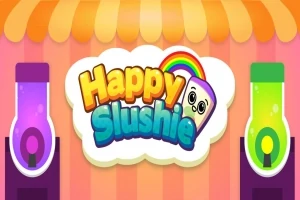 Színes Happy Slushie felirat egy boltíves sátor alatt, két oldalon színes italautomatákkal