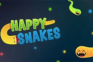 A kép színes, mosolygó kígyókat ábrázol sötét háttér előtt, középpontban a Happy Snakes szöveggel