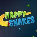 A kép színes, mosolygó kígyókat ábrázol sötét háttér előtt, középpontban a Happy Snakes szöveggel