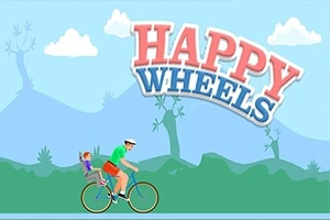 Egy bicikliző férfi és egy gyermek ül a bicikli csomagtartóján, háttérben dombok és felhők, valamint HAPPY WHEELS felirat