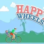 Egy bicikliző férfi és egy gyermek ül a bicikli csomagtartóján, háttérben dombok és felhők, valamint HAPPY WHEELS felirat