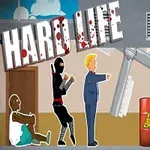 Háttérben épület, elöl három karakter, köztük egy ülő férfi, egy harcművész és egy elegáns ruhás férfi, mellette veszélyes hordó és szélkerék