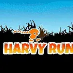 Egy narancssárga figura fut a sötét fűsziluett előtt, alul a HARVY RUNNER felirattal kék háttéren