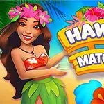 Egy mosolygós, virágkoszorút viselő nő áll Hawaii-témájú környezetben, mellette színes virágok és a Hawaii Match 4 felirat