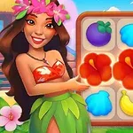 Hawaiian ruhában lévő nő mosolyog, és egy gyümölcsöket és kagylókat ábrázoló táblát mutat