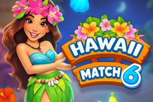 Virágkoszorús, hawaii ruhát viselő mosolygó nő trópusi háttér előtt, mellette színes „Hawaii Match 6 felirat