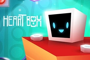 Egy fehér, kocka alakú robot mosolyog kék háttér előtt, kerek piros talapzaton, körülötte lebegő elemekkel