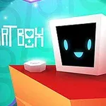 Egy fehér, kocka alakú robot mosolyog kék háttér előtt, kerek piros talapzaton, körülötte lebegő elemekkel