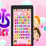 Színes szívek játékkijelzőn, animált karakterekkel és felhőkkel a háttérben