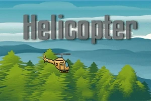 Helicopter Egy pixeles helikopter repül a zöld fák felett, háttérben hegyekkel és a Helicopter felirattal
