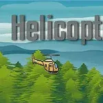 Helicopter Egy pixeles helikopter repül a zöld fák felett, háttérben hegyekkel és a Helicopter felirattal